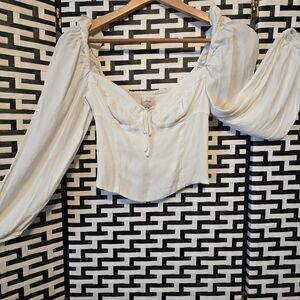 Wilfred Aritzia Cream Peasant Blouse Puff Sleeve Tie Front Off Shoulder Top 2XS